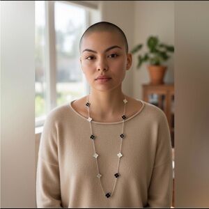 Silvertone Clover Station Long Necklace - Black Onyx Style - 34"